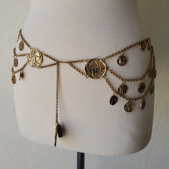 Kenneth Jay Lane Accessories - Vintage Kenneth Jay Lane Golden Zodiac Chain Hanging Medallion Waist Belt 31-36